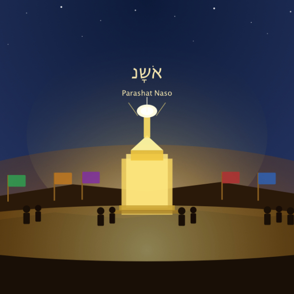 The scene shows the Tabernacle glowing at the centre with the divine presence rising above it, twelve coloured tribal banners arranged on both sides (each a different colour, equal in their placing), figures approaching with offerings from both directions, and a sky moving from deep night blue down to warm desert gold at the horizon. The Hebrew נָשׂא is in the title position as it appears in the sermon, with the date line beneath.