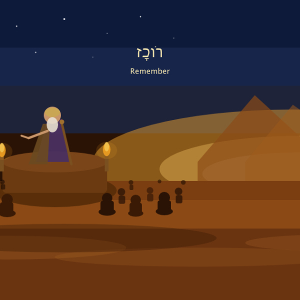 Moses stands on an elevated rock addressing a gathered crowd in the desert at dusk, stone tablets inscribed with the Hebrew word for Remember in the foreground, the Promised Land glowing on the horizon