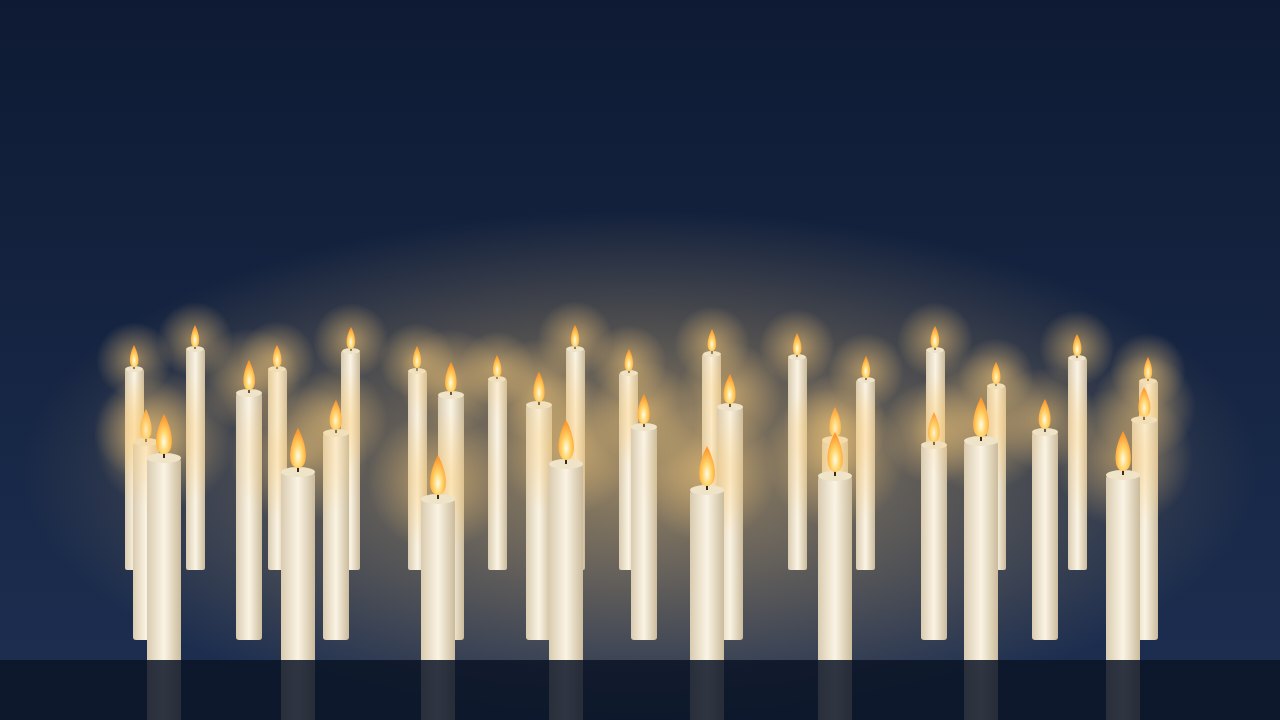 A large collection of candles on a dark background